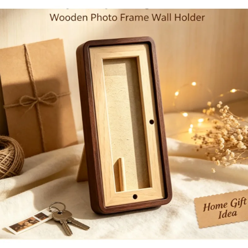 Wall‑Mount Wooden Key Holder with Photo Frame Entryway Key Storage Rack Wall Picture Display Decor Valentine Housewarming Gift