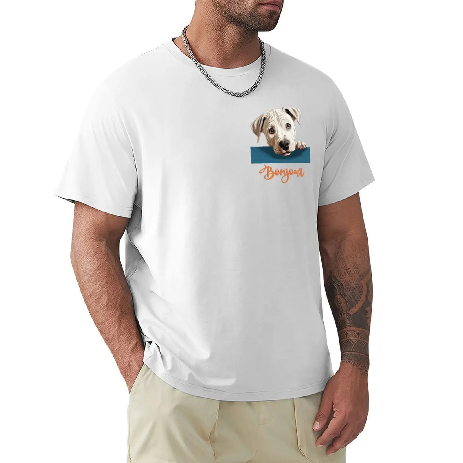 

Argentine Mastiff dog (Dogo Argentino dog), dog head drawing for teeshirt pocket, Hello in French. T-shirt sweat mens clothing