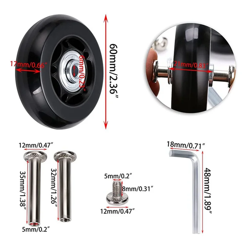 Ruote di ricambio per valigie da 60Mm X 18Mm, ruote girevoli in gomma kit di riparazione per cuscinetti, 1 Set di 2