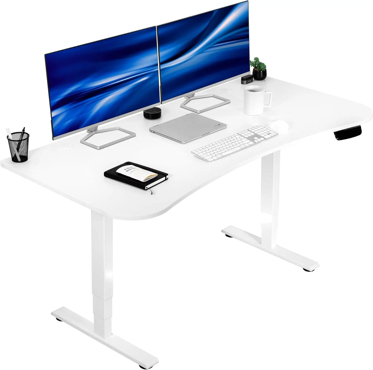 Vivo Electric Height Adjustable 63 X 32 Inch Memory Stand Up Desk, White Table Top, White Frame, Touch Screen Preset