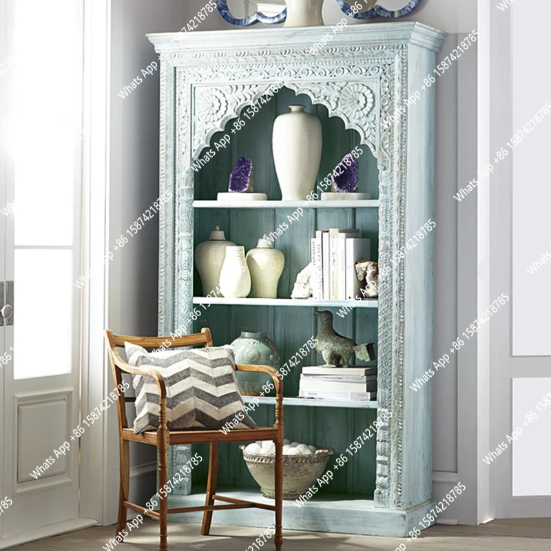 

American country washed blue old solid wood carving flower retro multi-layer bookcase storage display cabinet French
