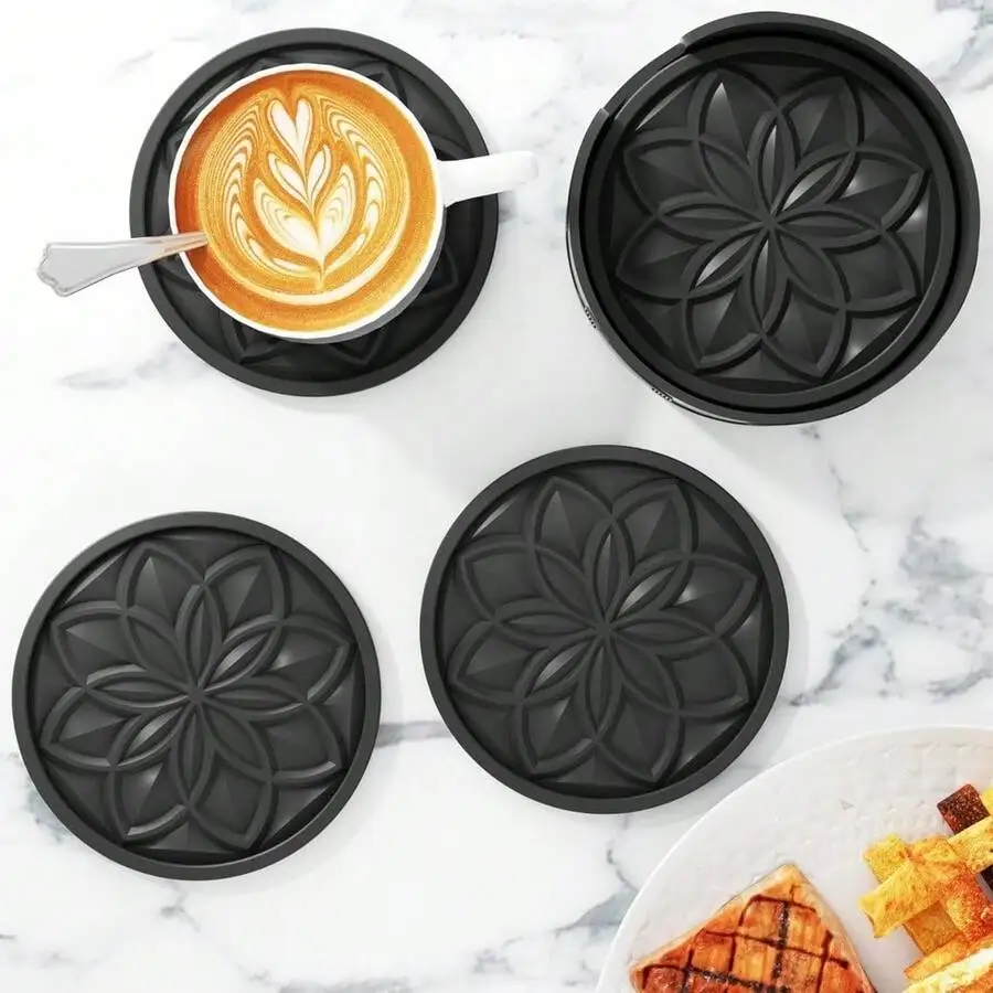 Silicone Coasters Set With Holder - 6 Pack Drink Coasters For Coffee Table Bar Desk Black view 2