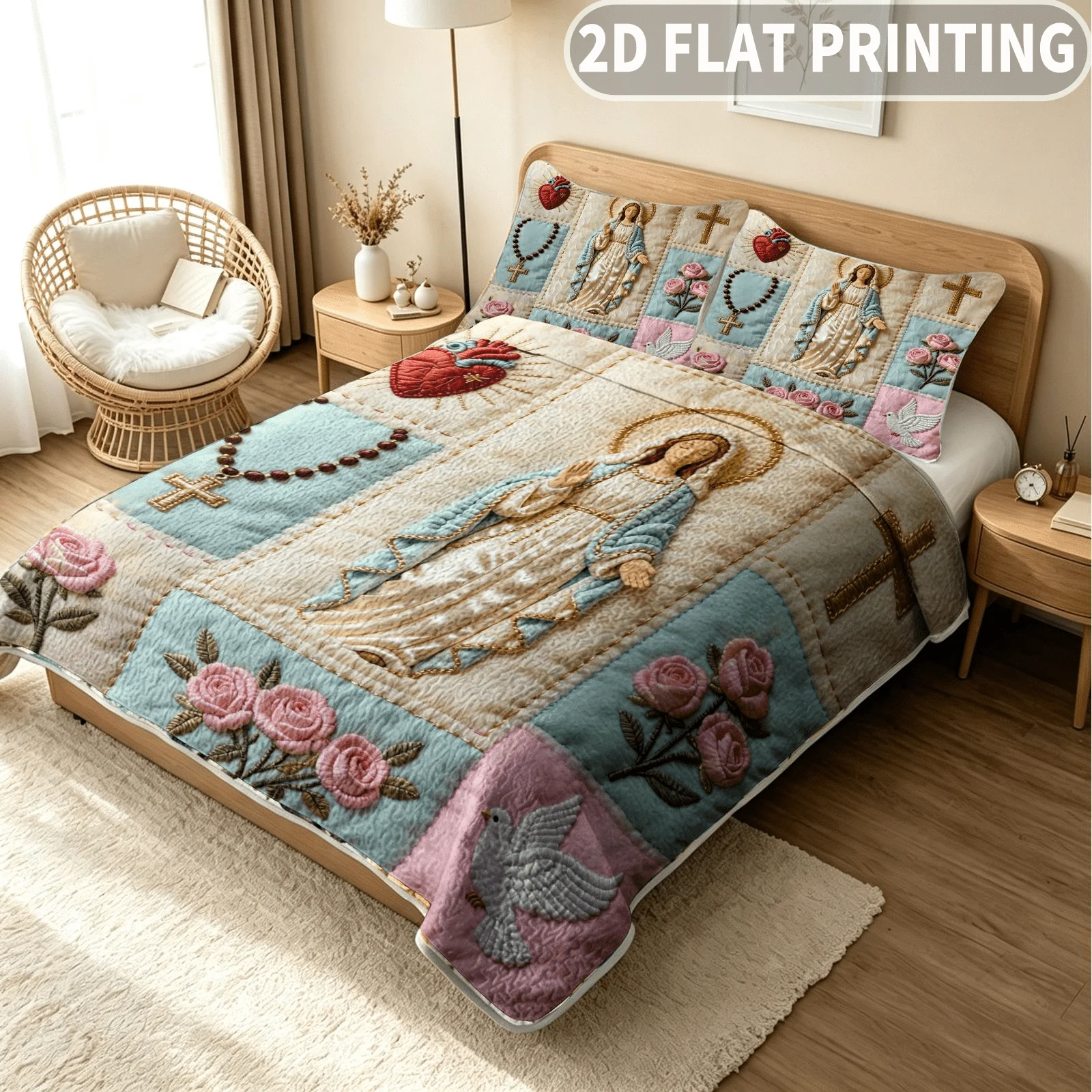 3pcs Quilted Durable Quilt Cover (1pc Quilt Bedspread + 2pcs Pillowcases Excluding Pillow Inserts), Religious Virgin Mary Design
