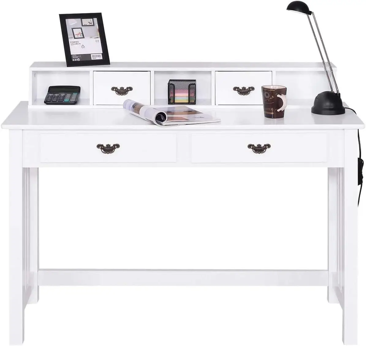 

Moccha Writing Desk with 4 Drawers Solid Pine Wood Legs, Makeup Vanity Dressing 2-Tier Hutch, Removable Floating Organiz