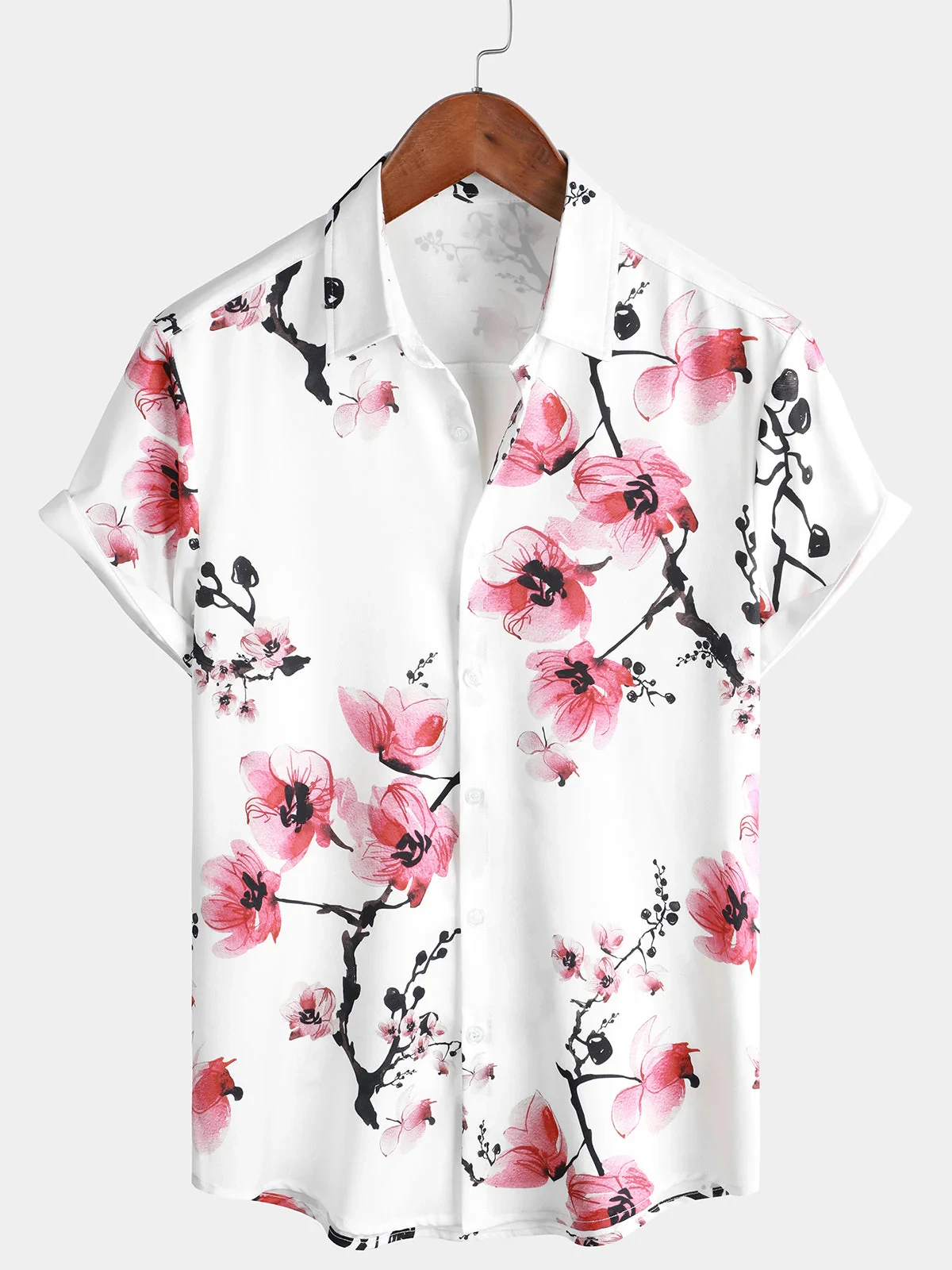 Men's Casual Pink Floral Print Summer Button Flower Short Sleeve Sakura Shirt Lapel Hawaiian Vacation Beach Shirt Ropa Hombre