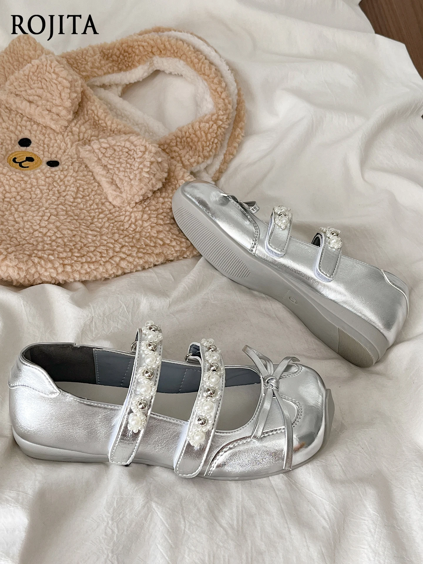 

Ballet Style Silver Mary Jane Shoes for Women 2025 Autumn Thick Sole Small Leather Shoes with Bowknot Shallow Mouth Single Shoes