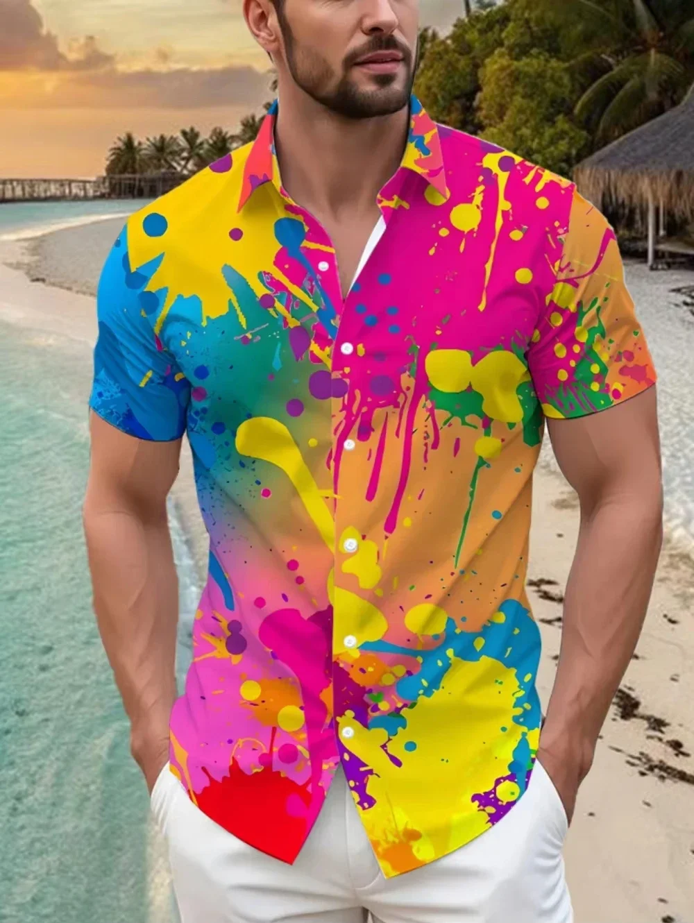 Men's Shirt Summer Casual Vibrant 3D Print Graffiti Art Short Sleeves Lapel Button-Up Top Stylish Streetwear Colorful Shirt Man