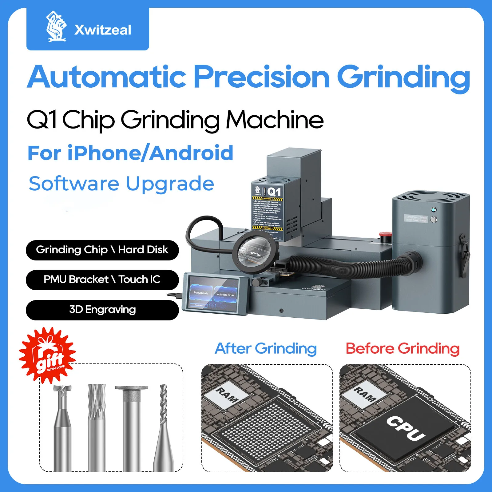 Xwitzeal® Q1 Automatic CNC Mobile Phone IC Chip Grinding Machine for iPhone 13 14 16 Pro Android Polishing Motherboard PCB CPU