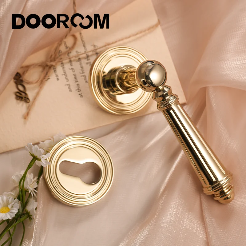 DOOROOM Brass Furniture Door Lock Bright Silver French Retro Bright Gold Door Handle Lock Set Furniture Hardware Accessories