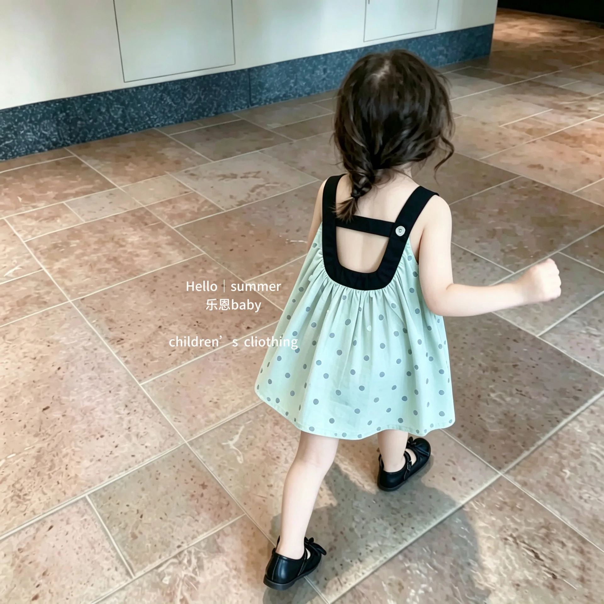 

2026 Baby Girl Little Princess Skirt Backless Clear Cool Breeze Mint Green Wave Point Sleeveless Tank Top Skirt Summer