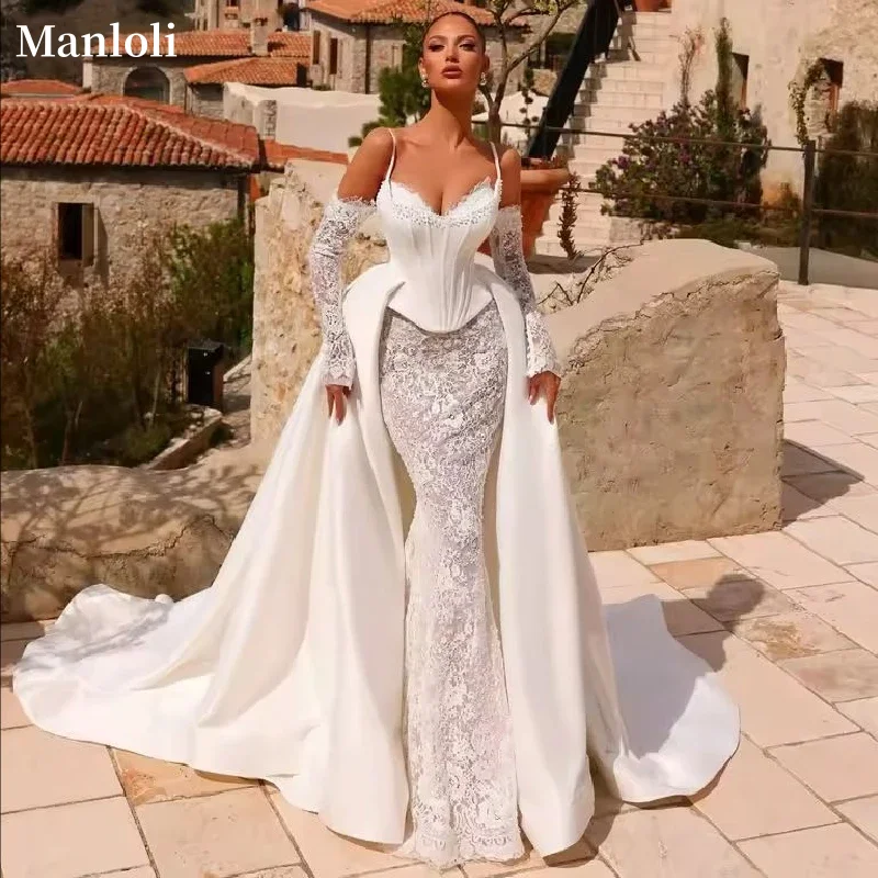 

Elegant V-neck Mermaid Wedding Dress Detachable Tail Off Shoulder Long Sleeve Lace Bridal Dress Romantic Wedding Dress Custom