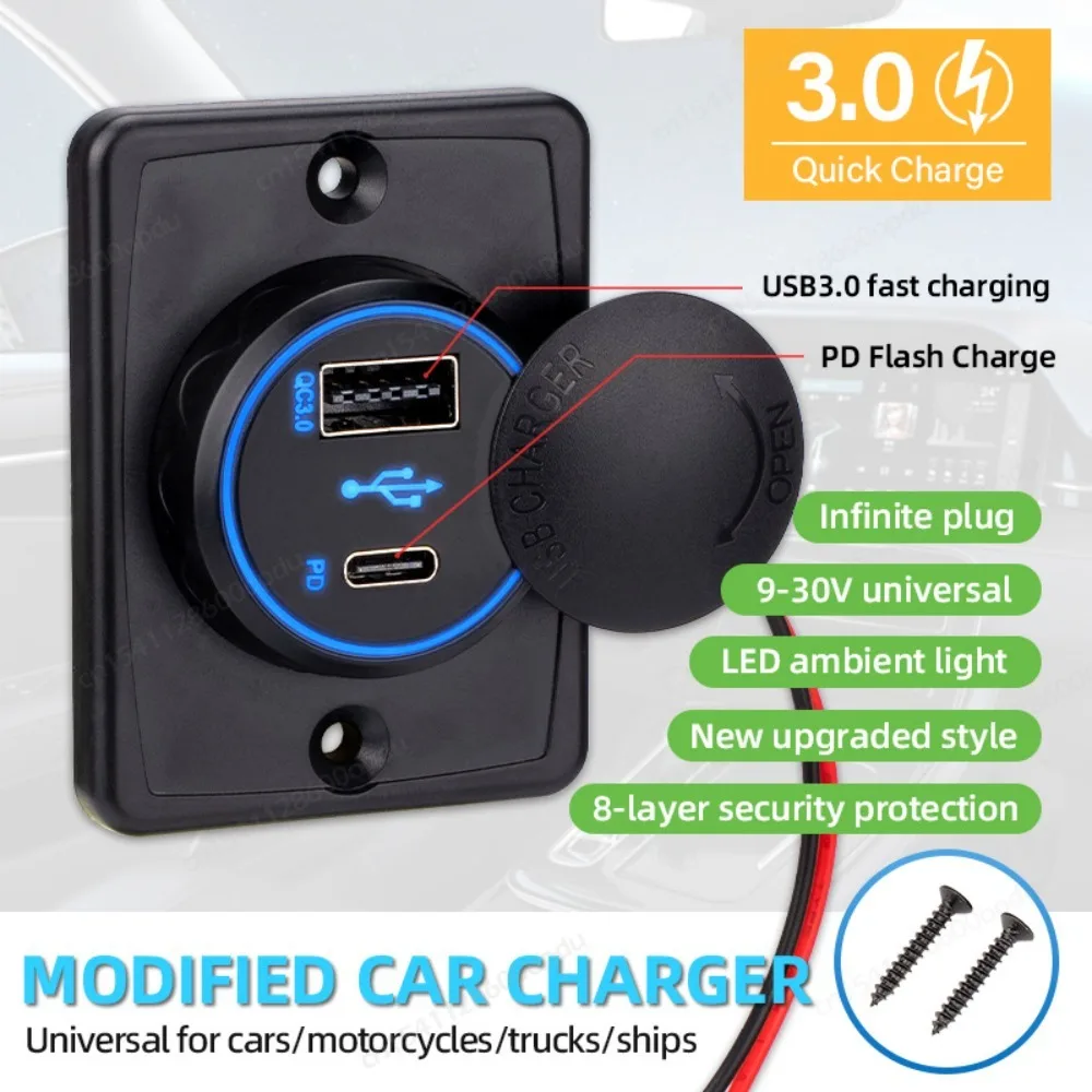PD Type-C & QC3.0 USB-A Port Panel Wall Mount Car USB Socket Charger Power Adapter for 12V/24V RV Marine Boat Motorcycle Truck