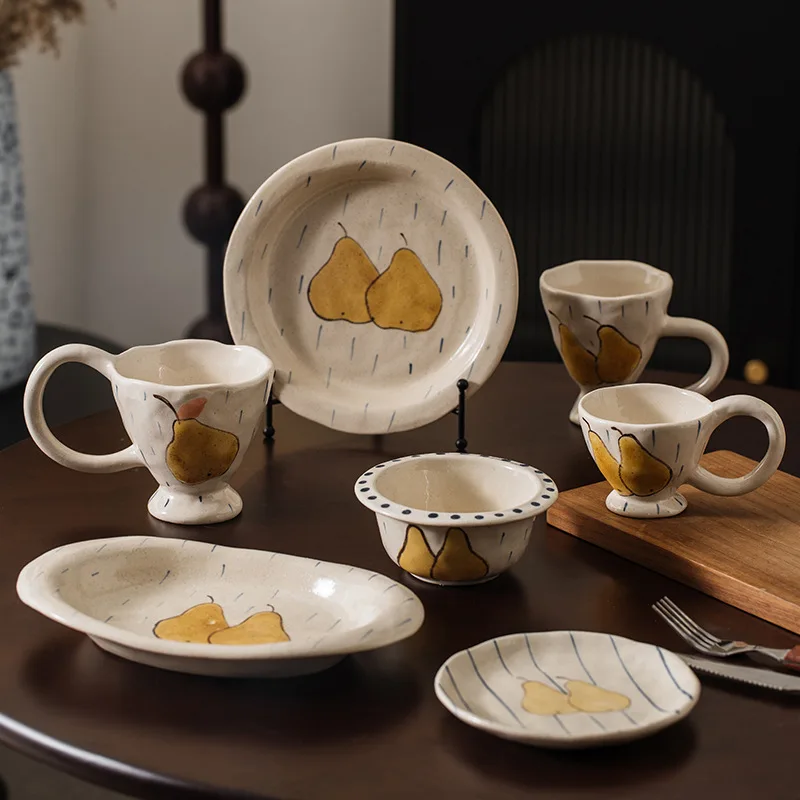 Nordic Hand-squeezed Ceramic Coffee Cup Saucer Ornaments Living Room Kitchen Dining Table Pear Pattern Mug Craft Home Decoration