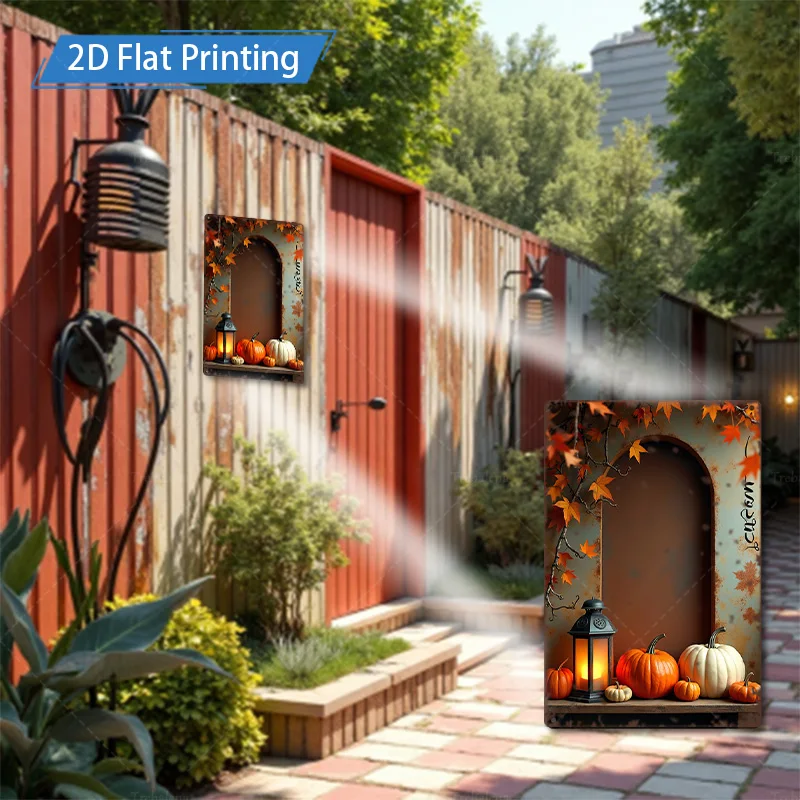 1pc 8x12inch Metal Sign Autumn Harvest Scene with Pumpkins and Lantern 2D Flat Printing Metal Art Decor