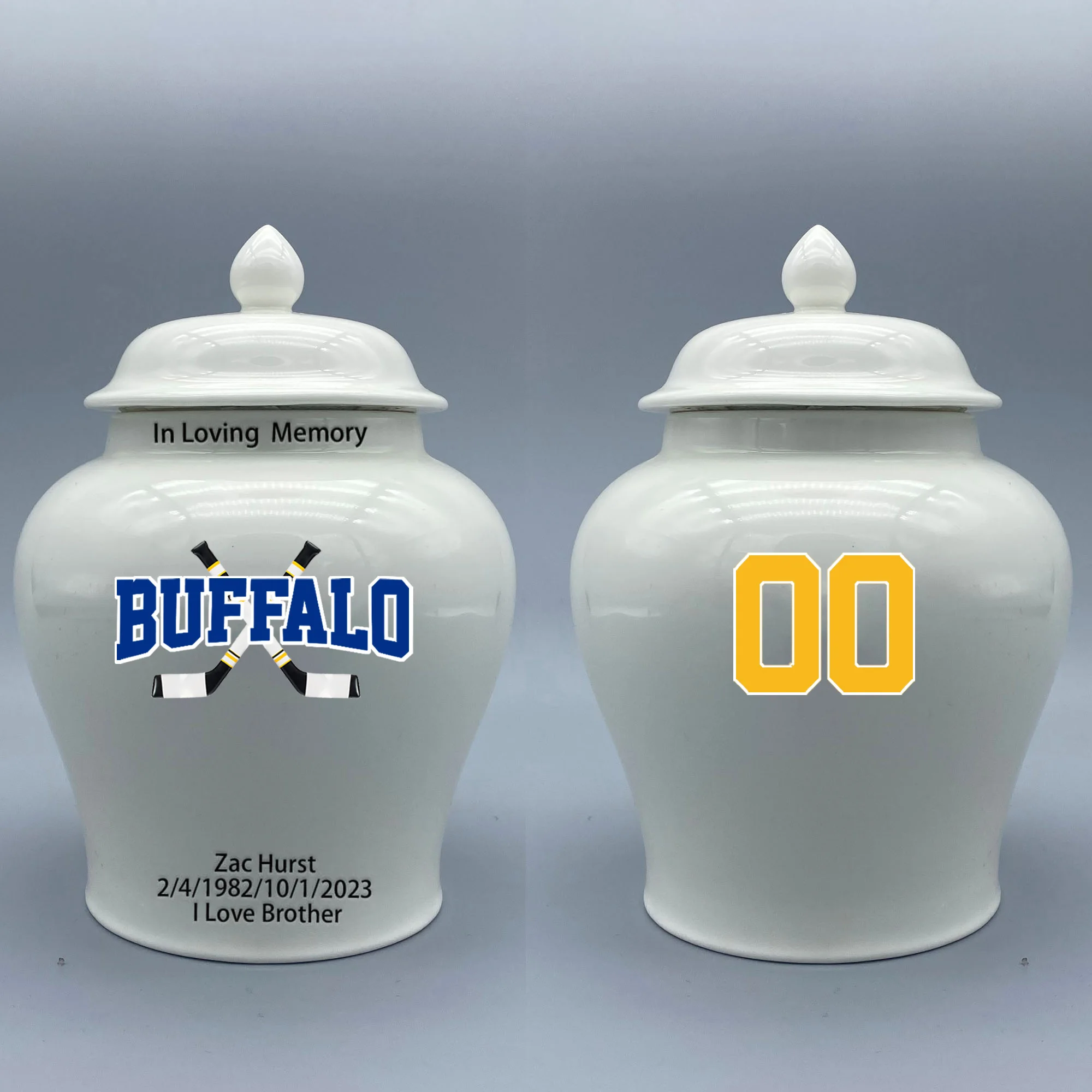 

Medium Urn for Buffalo Sabres-themed Hockey Urn.Please send me the customize information-name/date and number on the urn