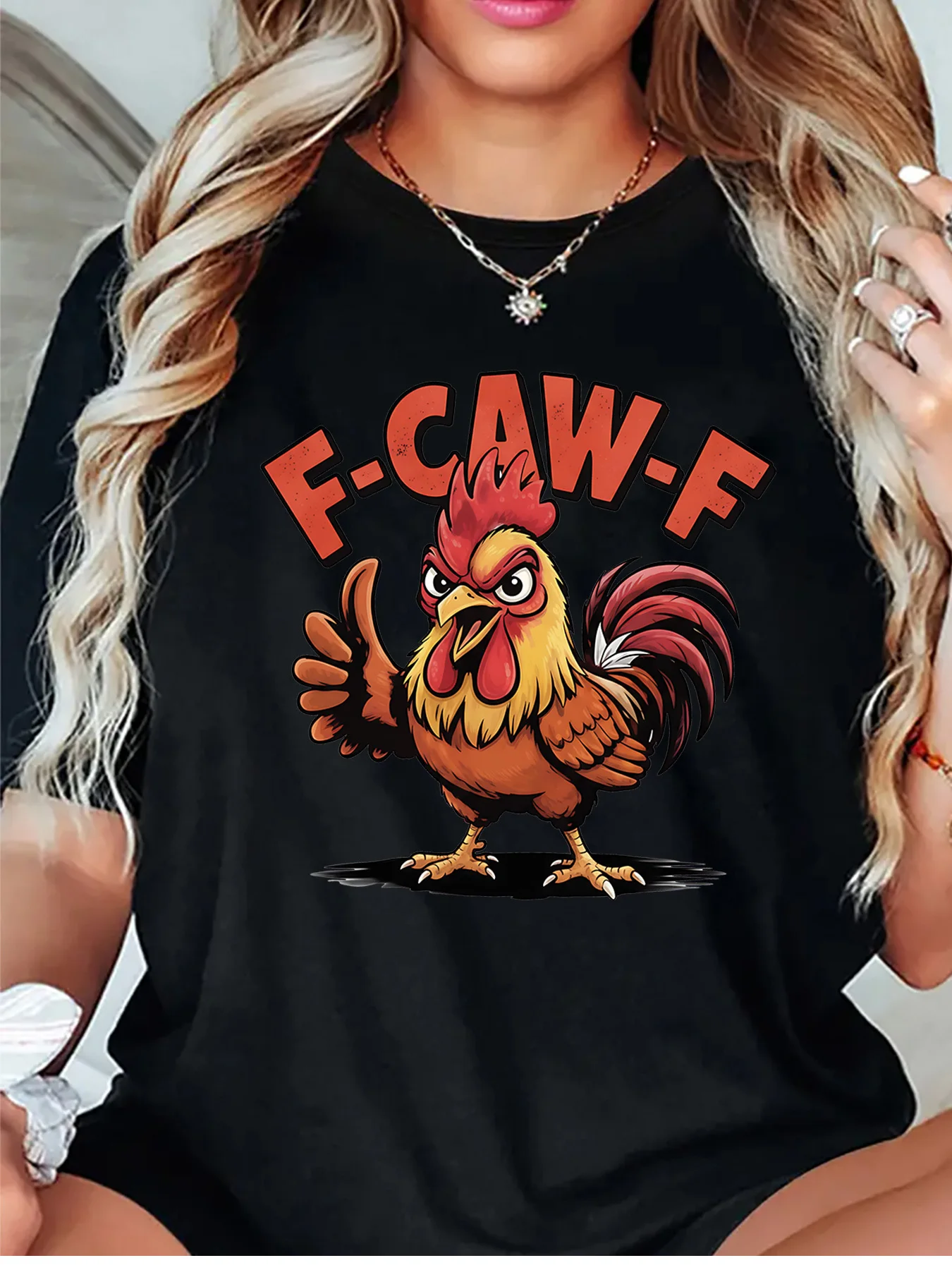 Funny F Caw F Rooster Cartoon Graphic Womens T Shirt Short Sleeve Crew Neck Humorous Casual Daily Ladies Relaxed Fit Tee Tops