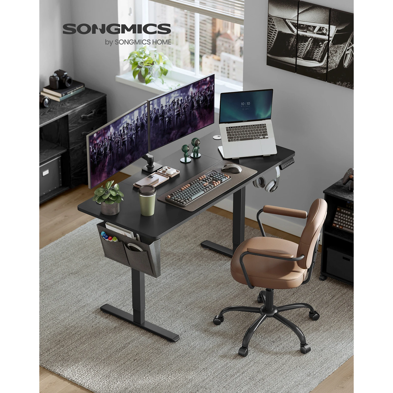 SONGMICS Electric Height Adjustable Desk, 60 x 140 x (72-120) cm, 4 Memory Heights, Storage Pocket, for Home Office, Study