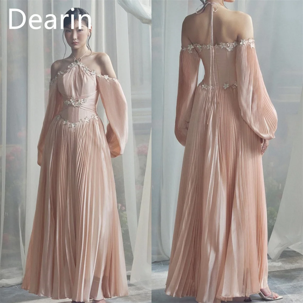 

Customized Prom Gown Dearin Halter A-line Floor Length Skirts Draped Applique Bespoke Occasion Dresses Saudi Arabia Formal Eveni