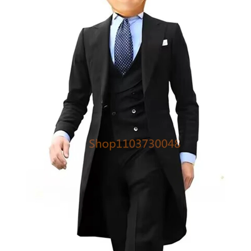 

Solid 3 Piece Wedding Men Long Tailcoat Formal Groom Tuxedos for Prom Party Male Suits Fashion Clothing Set Jacket Pants Vest