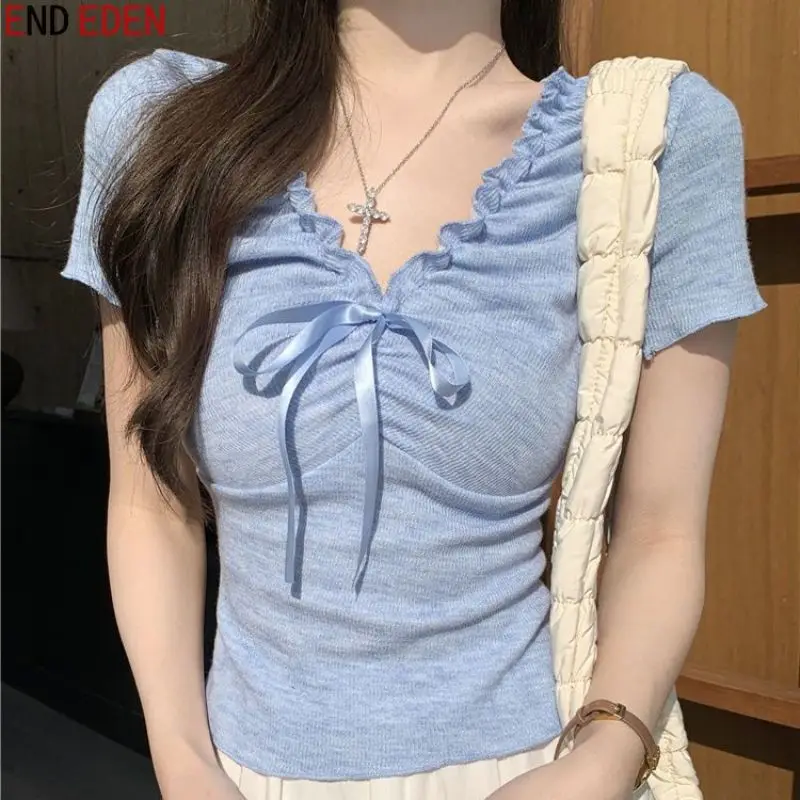 Women Summer Simplicity Slim Sweet Lacing Solid Color V-neck Short Sleeve T-Shirt Women Clothes Casual All-match Trend Top Tee