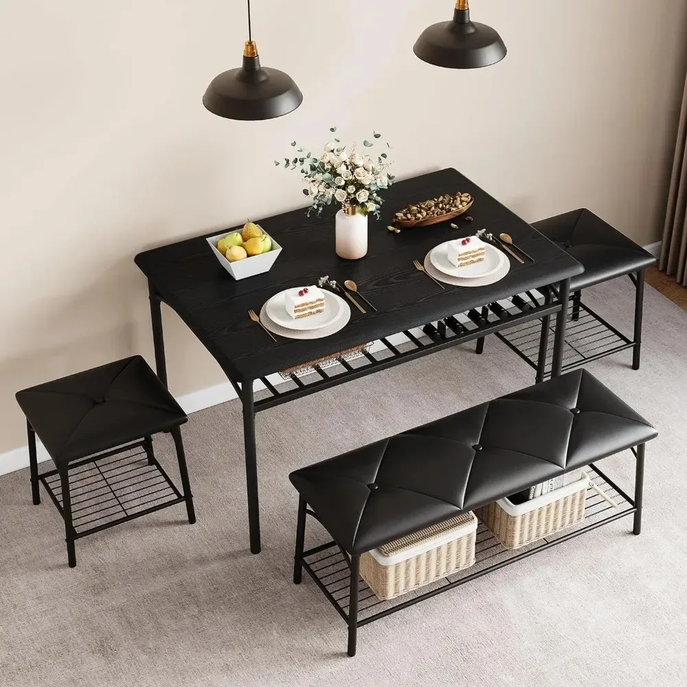 Dining Table Set for 4, Kitchen Table Set with Upholstered Bench and Square Stools, Metal and Wood Dining Room Table Sets