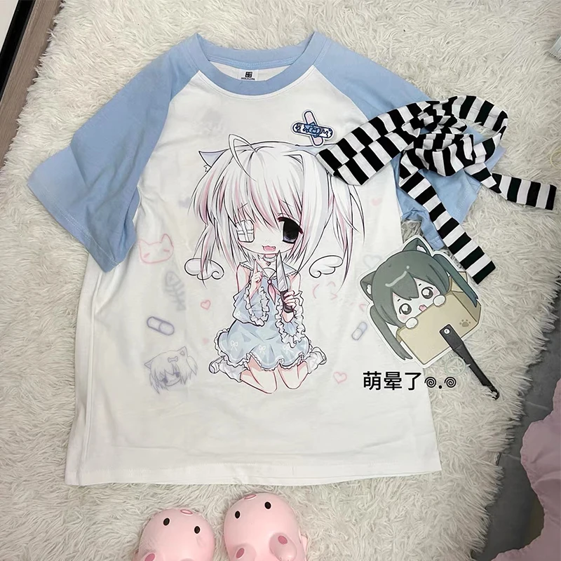 Y2k T Shirts Short Sleeve Women\'s Subculture Cartoon Print Tops Japanese New Casual Kawaii Harajuku Pulovers Summer Tees