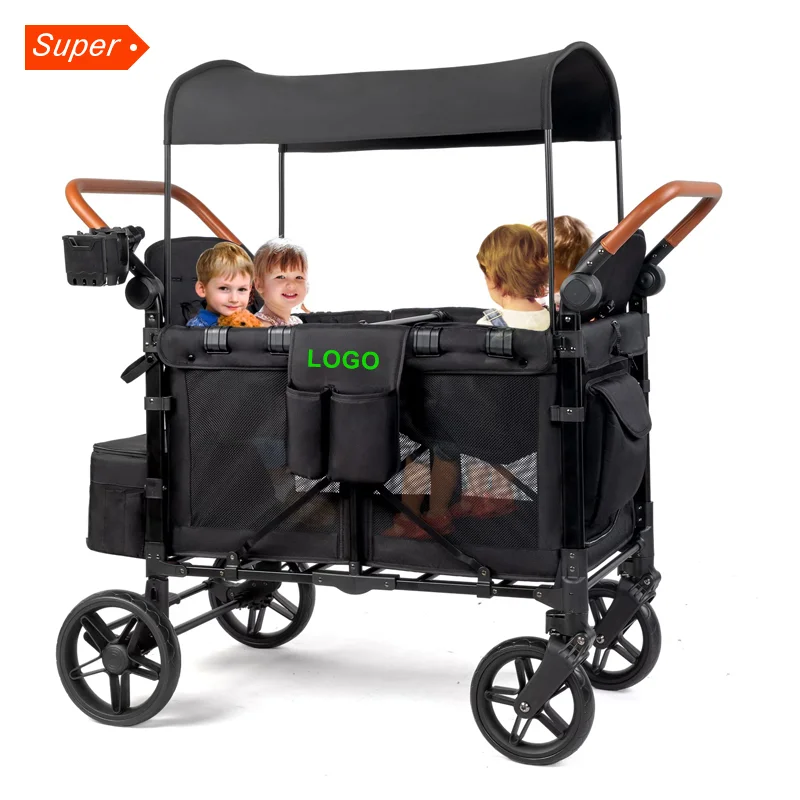 

Outdoor Luxury Baby Wagon Stroller 4 Seat With Full Canopy Camping Folding Wagon Stroller 4 Seater For Kids