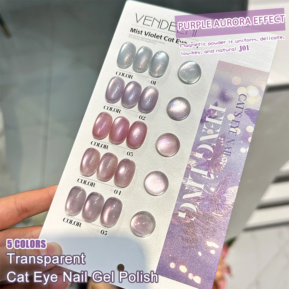 Vendeeni 5 colores/juego de esmalte de uñas de Gel de ojo de gato púrpura transparente UV LED barniz de uñas de cristal de gelatina con tarjeta de Color sin TPO/HEMA