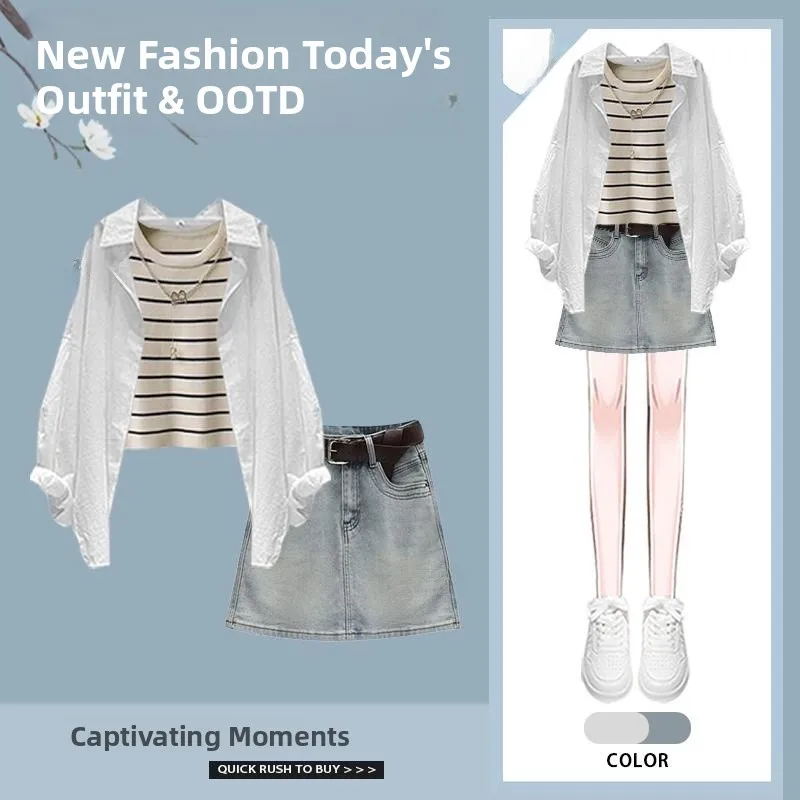 

Laid-ba Sle Spring New Arrival Tee-piece Set Vest Sun Protection irt And Denim orts Women's Faion Ensemble