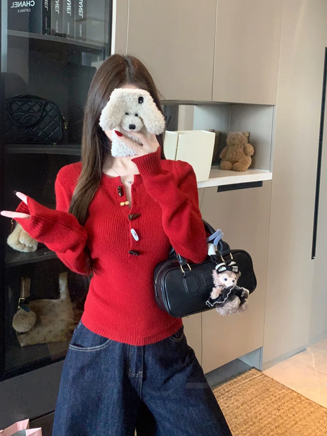 

Красный женский вязаный топ на Новый год, длинный, полузакрытый, приталенный, базовый, корейский стиль, из полиэфирного волокна