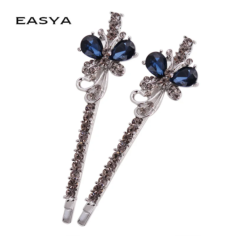 EASYA Blue Gray Rhinestone Crystal Butterfly Hairpin Headwear Hair Accessories Jewelry Sparkling Elegant Metal Hair Clips