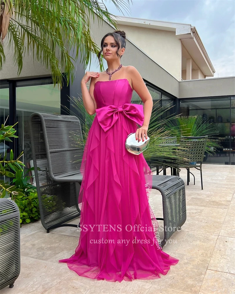 Vestido longo sem alças com laço para mulheres, vestidos de noite elegantes, festa formal, Dubai, luxo, rosa, Arábia Saudita