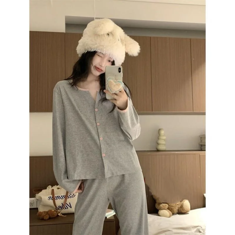 طقم أثاث منزلي للربيع والخريف للنساء بجودة عالية، لون خالص، فضفاض، كم طويل، طقم سراويل طويلة طراز جديد