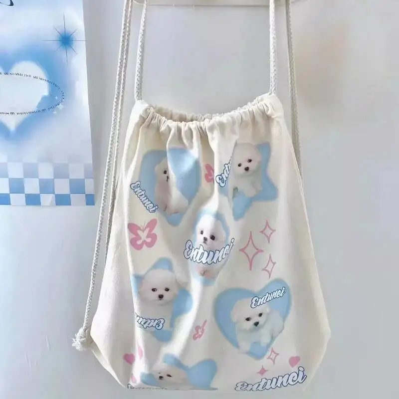 Women Vintage Cartoon Cute Heart Dog Schoolbags Korean Sweet Fashion Trendy Canvas Bags Y2k Aesthetic Kawaii Backpacks All Match