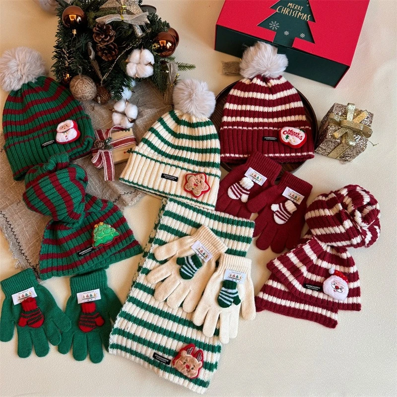 

Детский рождественский вязаный шарф для детей от 2 до 8 лет, шапка, перчатки, комбинированный костюм, теплые холодостойкие полосатые зимние перчатки с пятью пальцами