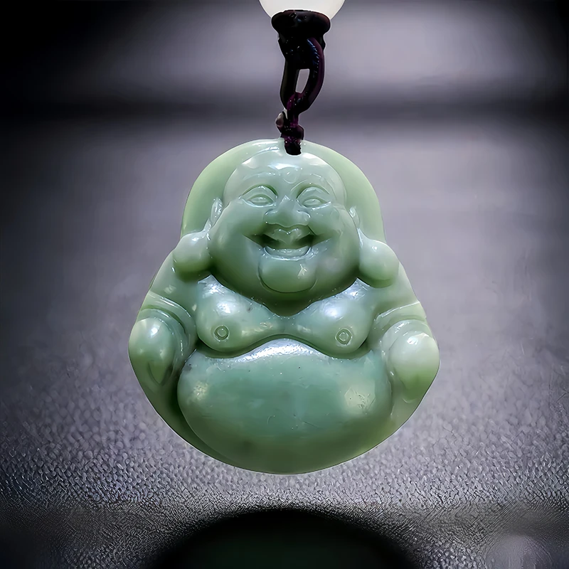 Green Natural Real Jade Maitreya Buddha Pendant Necklace Stone Accessories Talismans Chinese Gemstones Carved Jewelry Luxury