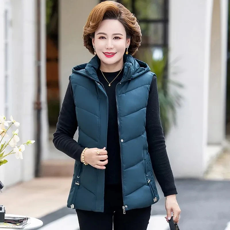 2024 New Winter Parkas Vest Jacket Women Middle Aged Waistcoat Sleeves Down Cotton Plus Velvet Warm Coats Female Casual Overcoat