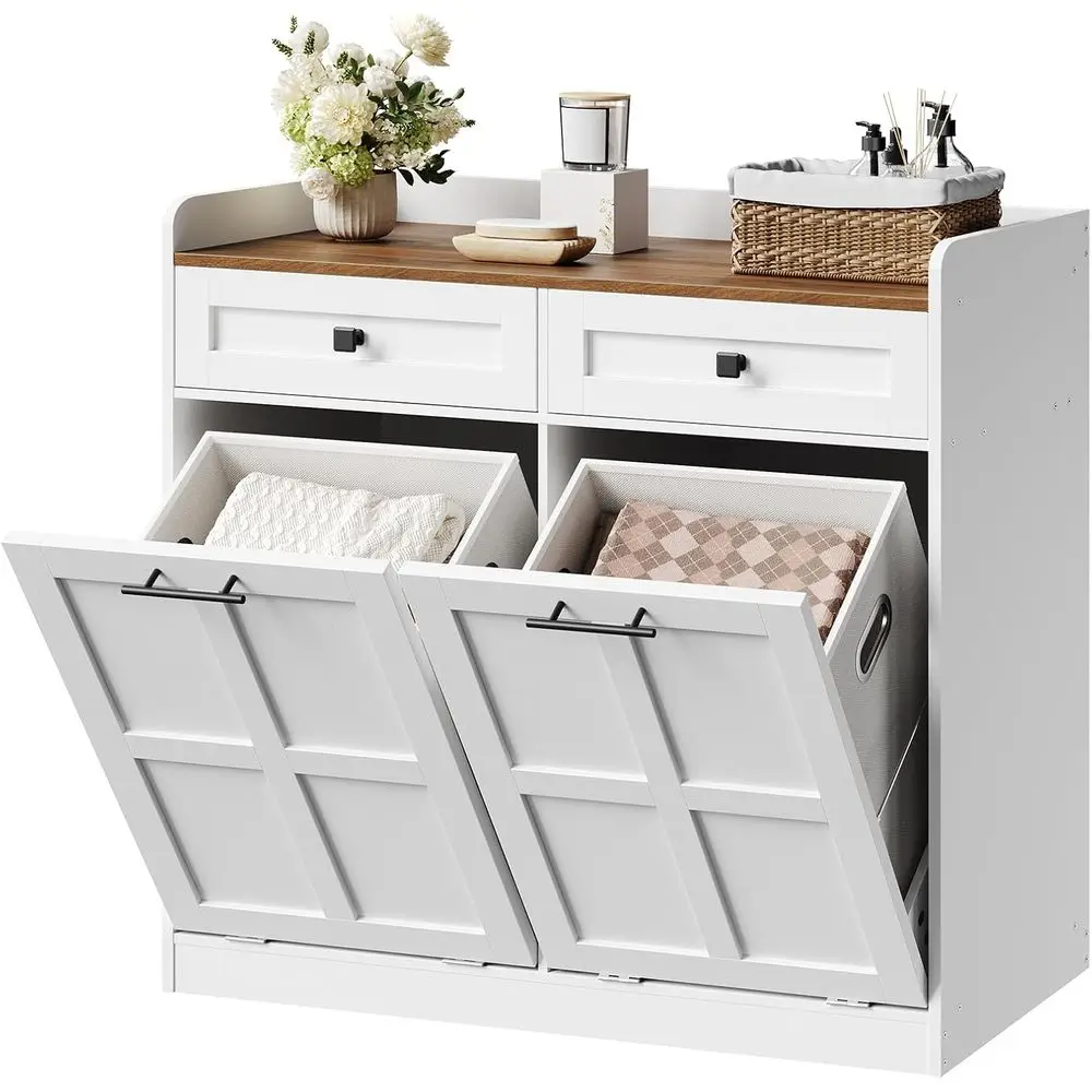 

25 Gallon Farmhouse Style Trash Can with Drawers, Double Tilt Laundry Hamper Cabinet, Wooden Concealed Hamper for Bathroom and K