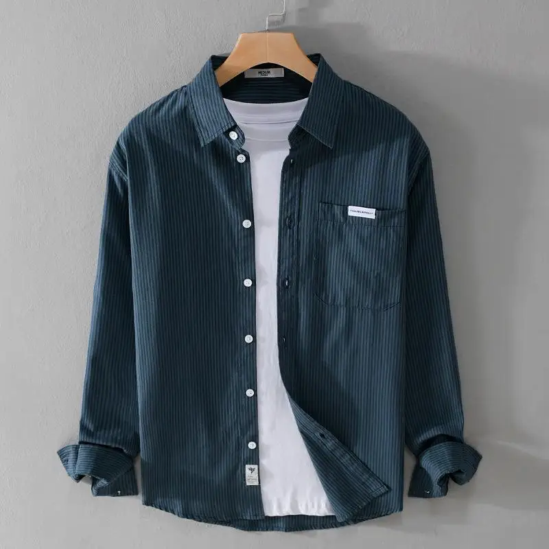 

Молодежная мужская полосатая длинная хлопковая повседневная одежда свободного кроя с японским воротником с коротким воротником для молодежи и мужчин