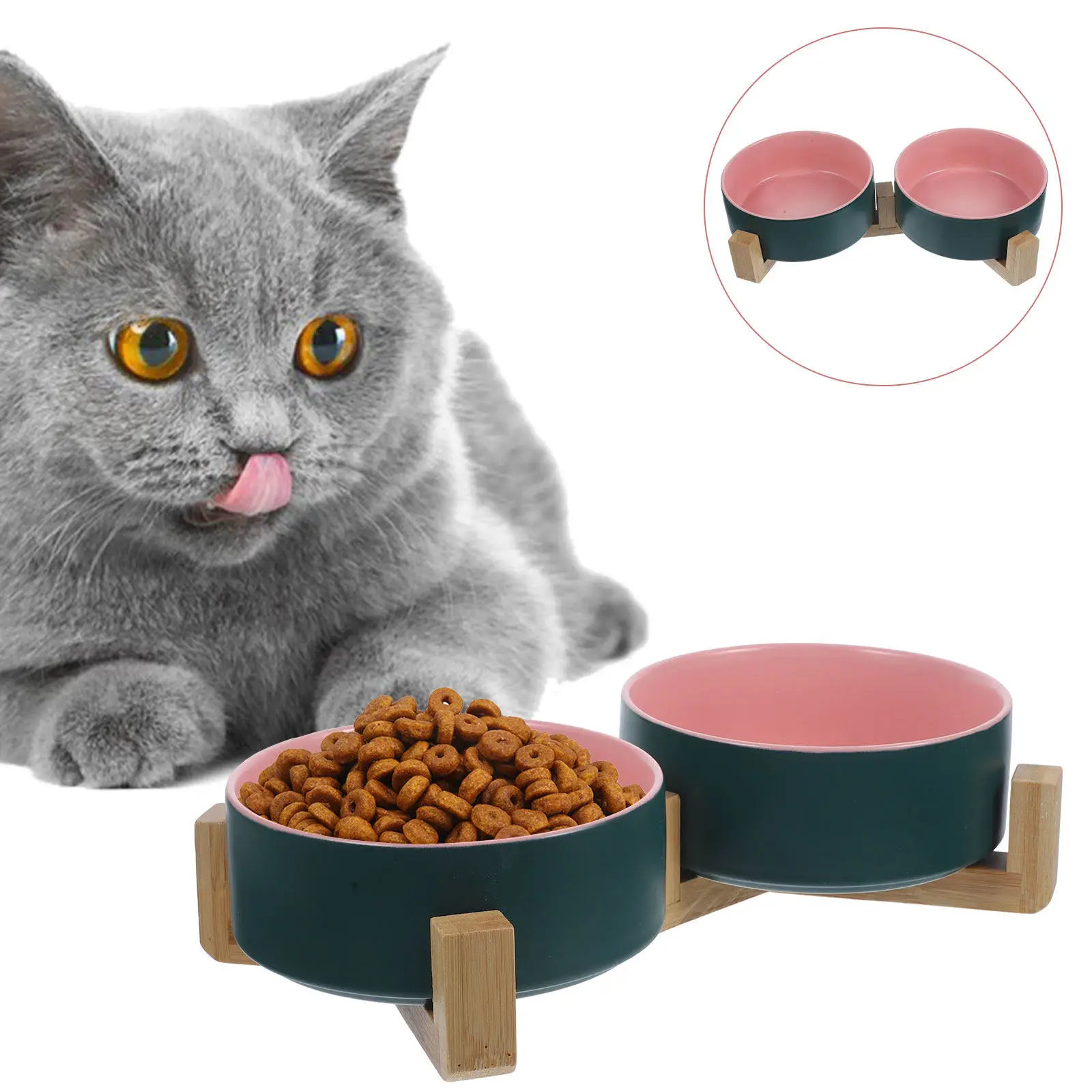 

1Set Ceramic Cat Bowl with Bamboo Stand Elevated Pet Feeding Bowl Anti-Slip Smooth Surface for Cats Dogs Kittens Indoor