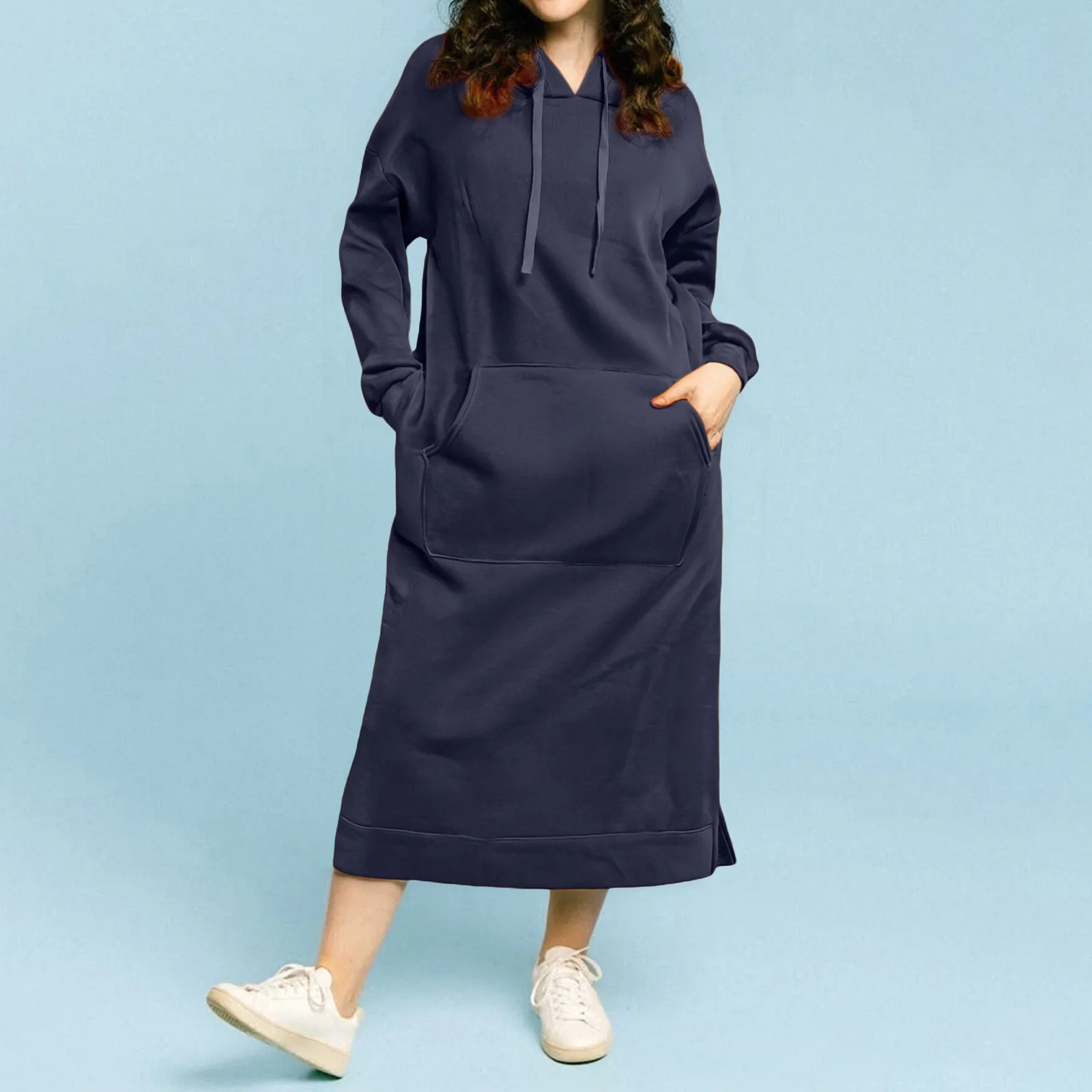 Side Slit Hooded Maxi Dress for Women Drawstring Long Sleeve Solid Casual Sweatshirt Dress