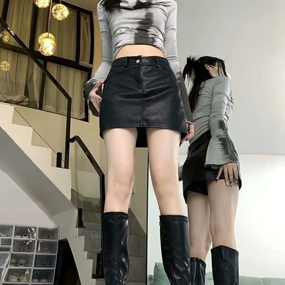 Spódnica z zamkiem błyskawicznym ze skóry PU, jednolita, dopasowana, z wysokim stanem, w kształcie litery A, retro spódnica jesienno-zimowa z majtkami bezpieczeństwa dla kobiet.