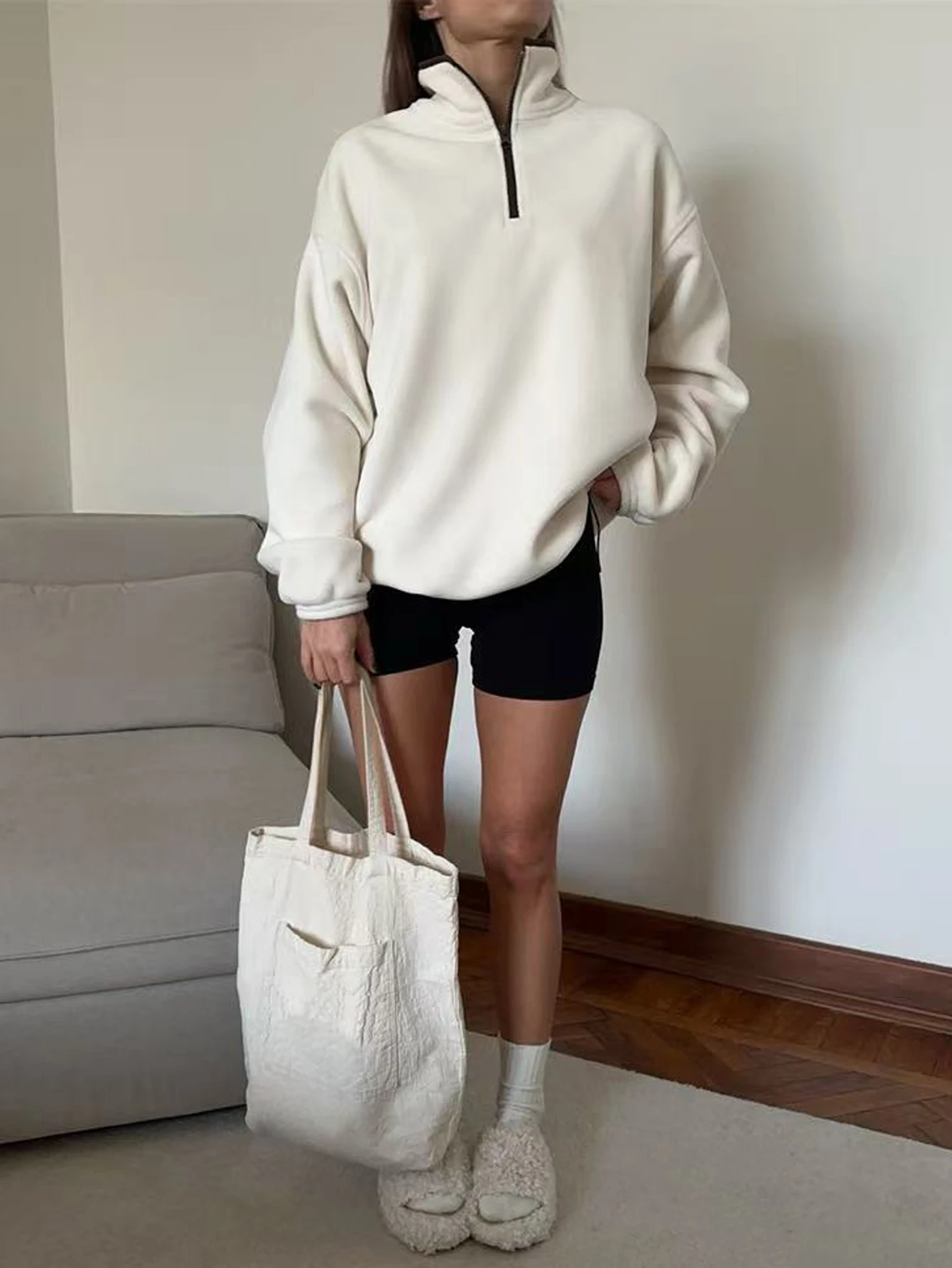 سويت شيرت نسائي من الصوف بلون سادة وكتف منسدل وسحاب نصف زر وأكمام طويلة، أزياء خريف وشتاء، ملابس كاجوال