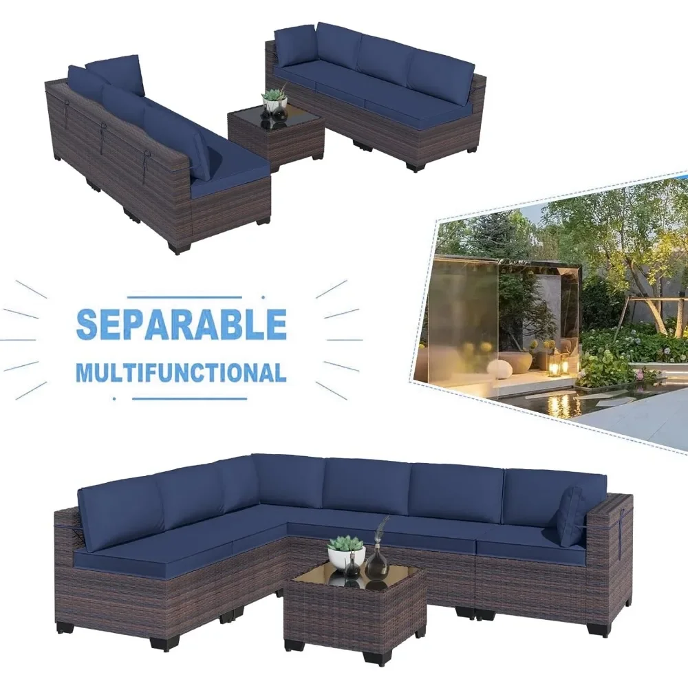 Set di mobili da giardino per esterni da 7 pezzi divano componibile in Rattan Set di conversazione per Patio in vimini manuale marrone con cuscini blu Navy