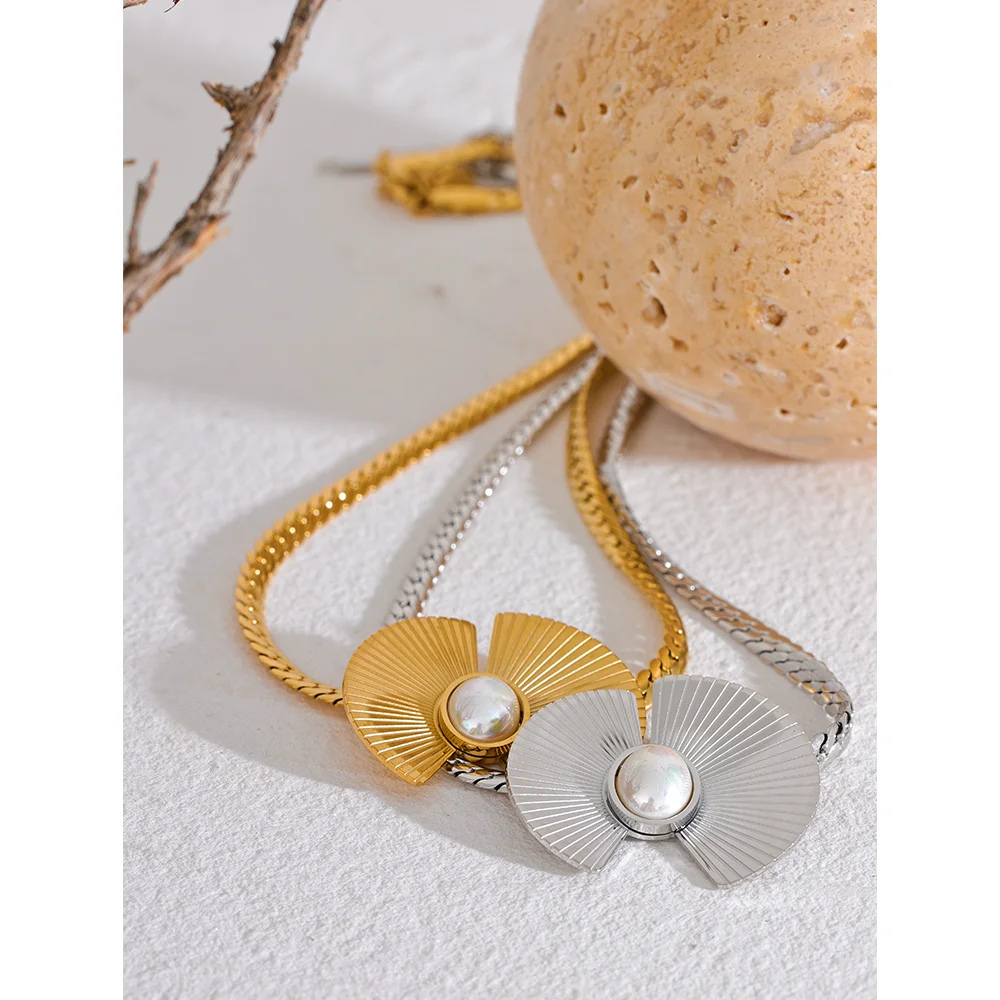 Yhpup 316l Stainless Steel Imitation Pearl Fan Pendant Collar Necklace 18K PVD Plated Fashion Statement Jewelry Women Gift