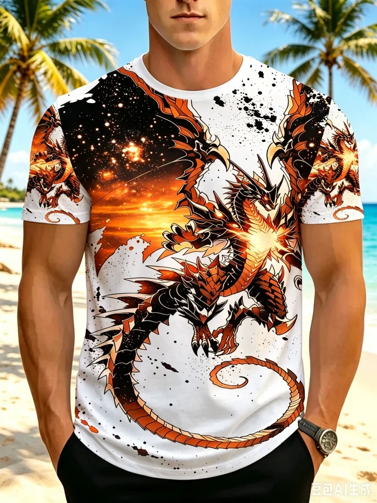 Fashion New Men's Galaxy Dragon Space All‑Over Print T‑Shirt Crew Neck Short Sleeve Tee Trendy Street Casual Tops