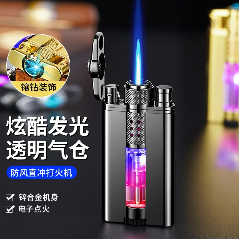 Diamond inlaid direct charge windproof blue flame inflatable lighter