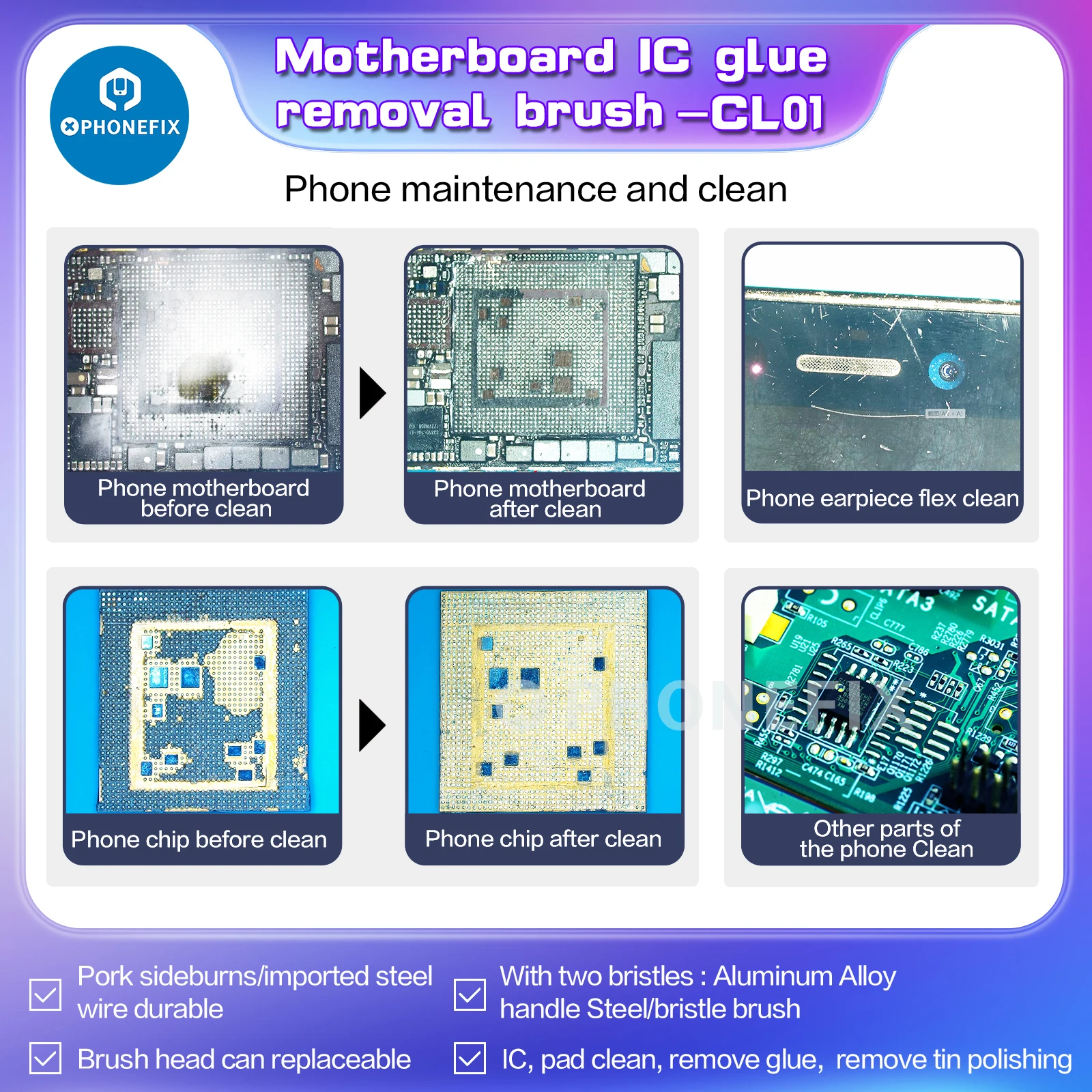 I2C CL01 sikat pembersih baja sangat halus, sikat rambut babi Anti statis untuk Motherboard Debonding lem peralatan pembersih