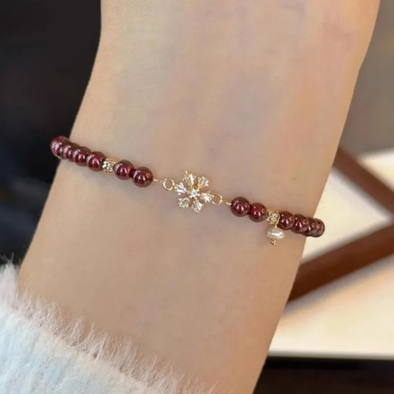 Sam Panda 925 Sterling Silver Snowflake Red Agate Bracelet For Women Bead Classic Ethnic Elegant Accessories Gift Dropshipping