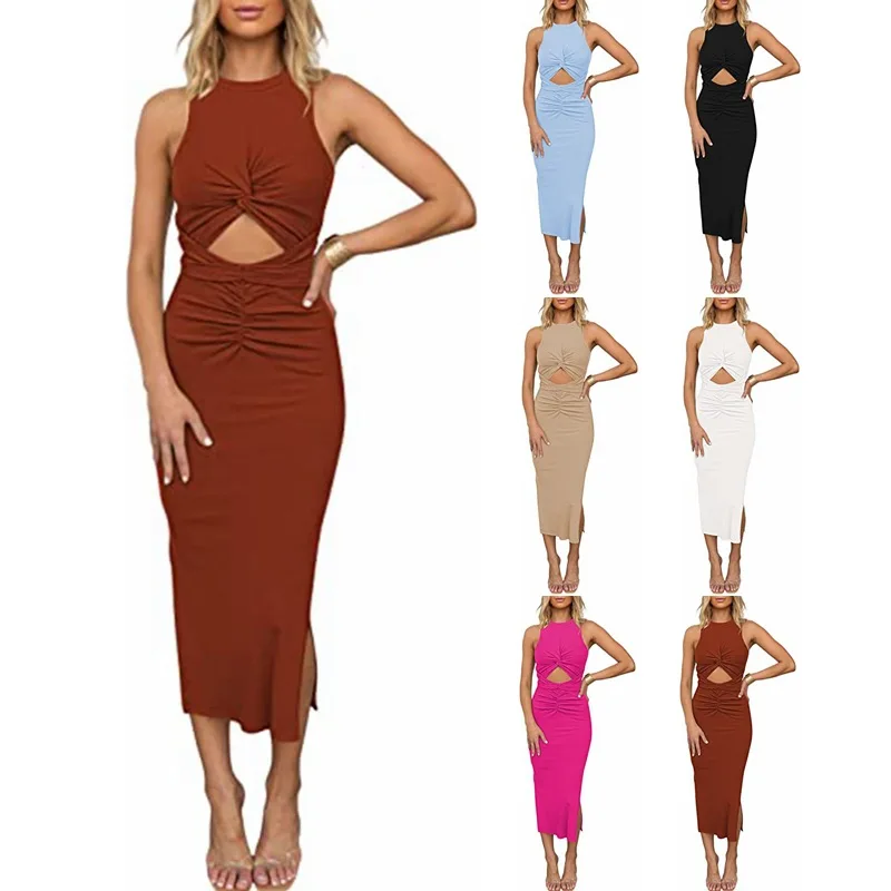 Summer New Arrival Women's Maxi Dress Sleeveless Hollow Out Pleated Hem Slit Rib Knit Dress Comfortable Casual Women's Dress